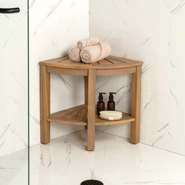 Maris 18" Classic Coastal Solid Acacia Wood Indoor/Outdoor Corner Shower Bench with Shelf